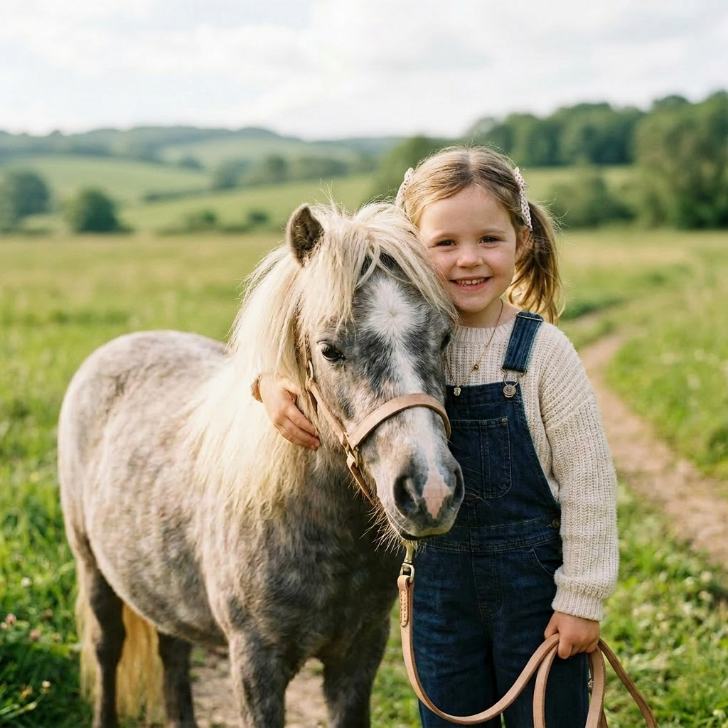 Young girl in overalls holding a pony's lead on a countryside path
